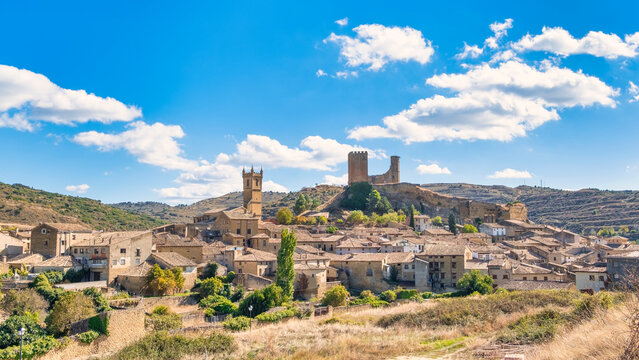 Panoramic views of the medieval town of Uncastillo, Zaragoza, Aragon, Spain.