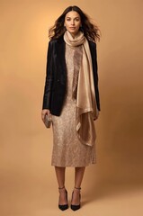 Naklejka premium A woman in a dress, blazer, scarf, heels, and clutch arranged in warm, elegant lighting. Represents a sophisticated holiday fashion and festive wardrobe. 