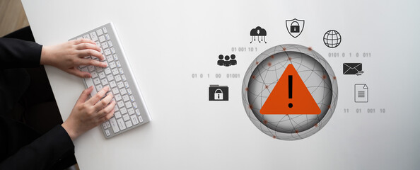 Red warning triangle representing a cybersecurity threat or data breach alert, surrounded by...