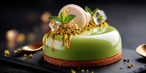 Gourmet pistachio mousse cake presenting a shiny mirror glaze with golden flakes, layered dessert featuring a crispy nut crust and delicate mint leaves on a dark slate
