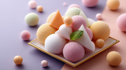 Assortment of pastel mochi pieces and other Japanese wagashi confectionery arranged on a brown surface, creating a minimalist dessert display dusted with powdered sugar and toppings