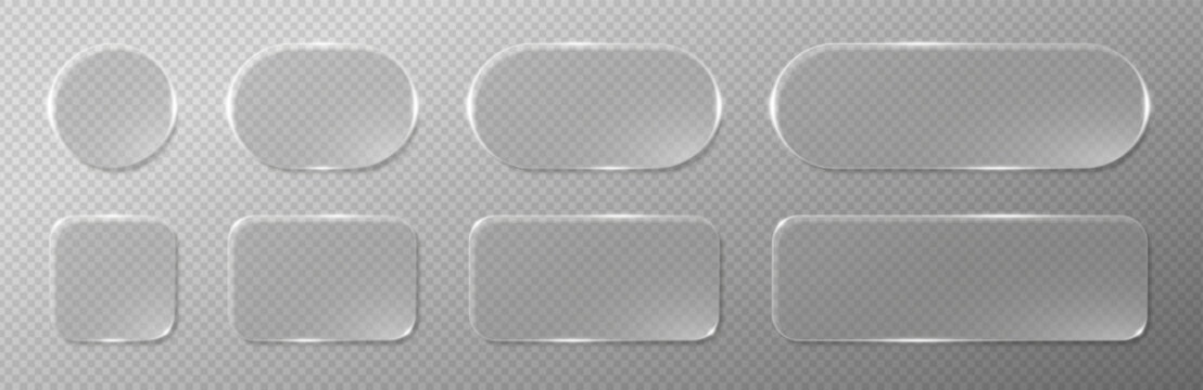 Transparent glass buttons and UI frames in liquid glassmorphism style. Modern 3D vector interface with frosted blur, glossy light and abstract geometric shapes for app or web design.