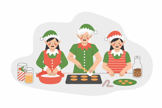Joyful elves happily baking festive Christmas cookies together in a cozy kitchen.