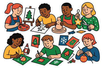 Children happily engaged in festive holiday arts and crafts activities together