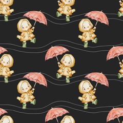 Cute chick in raincoat with umbrella pattern for textile and wrapping design