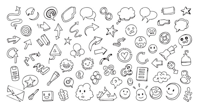 Collection of hand drawn doodle icons and symbols on white background