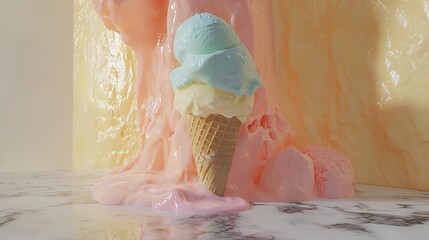 Pastel ice cream cone melting against a soft, creamy background, creating a dreamy and sweet confectionery scene
