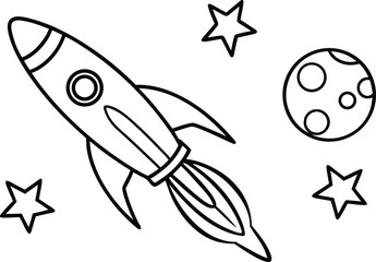Simple outline drawing of a rocket ship flying through space with planets and stars