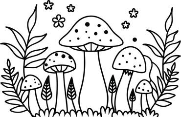 Whimsical hand drawn doodle art of rockets stars and a mushroom in outer space adventure theme