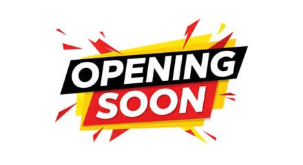 Bold Red and Yellow Graphic, with white text announcing opening soon, isolated on white or transparent background, PNG