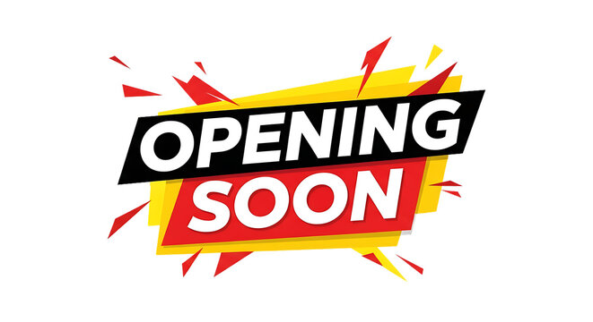 Bold Red and Yellow Graphic, with white text announcing opening soon, isolated on white or transparent background, PNG