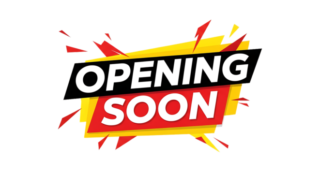 Bold Red and Yellow Graphic, with white text announcing opening soon, isolated on white or transparent background, PNG