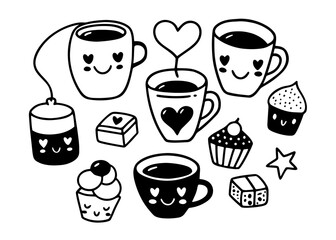 Cute Coffee & Tea Doodle Clipart | Hand-Drawn Kawaii Cup & Dessert Illustrations | Black and White Line Art for Stickers, Journals, Scrapbooking & Digital Design