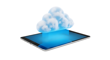 Digital Tablet, displaying a luminous blue screen with a fluffy white cloud emerging from it, isolated on white or transparent background, PNG