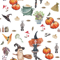 halloween seamless background with witch, ghost and pumpkin