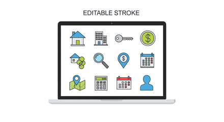 Laptop Displaying Colorful Real Estate and Finance Icons.