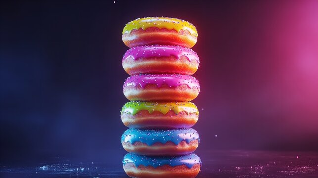 Stack of colorful donuts with bright neon icing and sprinkles on a dark background, a sweet treat