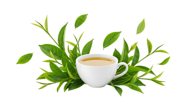White Cup of Tea, surrounded by fresh green tea leaves and floating leaves, isolated on white or transparent background, PNG