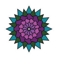 Intricate geometric mandala design with purple teal green and pink hues