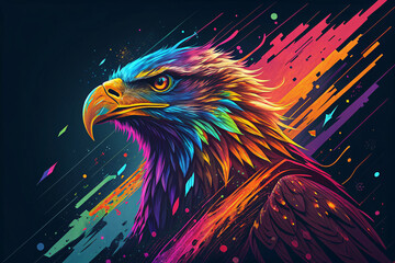 Stunning vibrant eagle portrait with dynamic abstract colorful streaks and splashes, capturing power and freedom