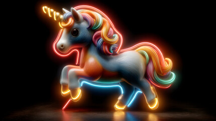 A colorful unicorn surrounded by glowing neon light rings, blending fantasy and modern style