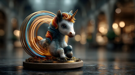 A colorful unicorn surrounded by glowing neon light rings, blending fantasy and modern style
