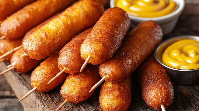 Pile of tasty mini corn dogs on a wooden board with mustard dipping sauce for a snack