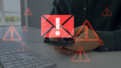Spam email message on digital screen.Email security and virus spam alert in email. Fake text email scam.Scammers online.Cyber scam.	