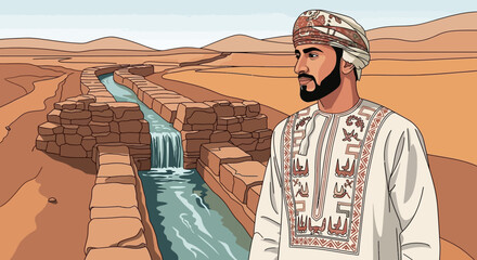 Man in Traditional Omani Dress Stands Near Ancient Water Channel. Use for cultural themes, travel, or editorial content.