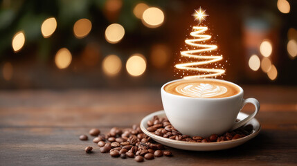 Obraz premium Warm cup of coffee with festive latte art resembling Christmas tree, surrounded by coffee beans and soft bokeh lights creating a cozy atmosphere