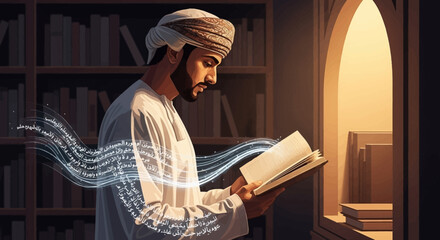 Man in Omani dress reads book with glowing script. Book background for presentations, social media.