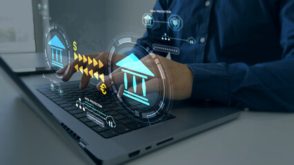 Online banking operations and interbank digital payment.Money transfers from different currencies internationally and currency exchange global.