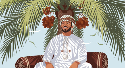 Illustrated portrait shows man in omani dress under a palm tree. Use for culture, travel, or social media design.