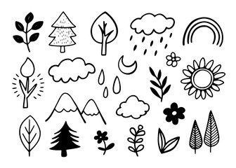 Nature Doodle Clipart Set | Hand-Drawn Black and White Tree, Leaf, Flower, Sun, and Cloud Illustrations | Minimal Line Art for Stickers, Journals, Coloring Pages & Digital Design