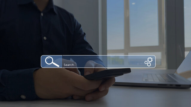 Person clicking internet search page on touch screen. Searching information on internet. Searching the internet helps find information, connect ideas and explore digital knowledge	