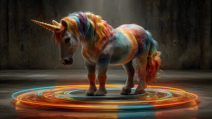 A colorful unicorn surrounded by glowing neon light rings, blending fantasy and modern style