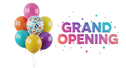 Colorful Balloons and Grand Opening Text, with stars, isolated on white or transparent background, PNG