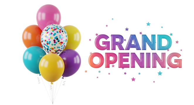 Colorful Balloons and Grand Opening Text, with stars, isolated on white or transparent background, PNG
