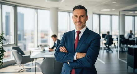 Businessman stands confidently in a modern office environment with colleagues working in the background representing leadership success and corporate professionalism for business development.