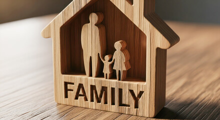 Wooden family figurines inside a house-shaped sculpture, symbolizing love, unity, and togetherness in a warm, inviting atmosphere