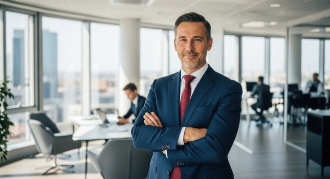 Businessman stands confidently in a modern office environment with colleagues working in the background representing leadership success and corporate professionalism for business development. - Powered by Adobe