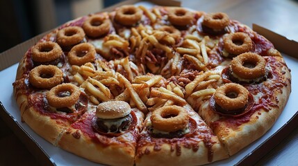 A delicious and unique pizza topped with onion rings and french fries in a cardboard box