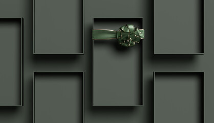 Fototapeta na wymiar 3D background gift box display for cosmetic product presentation. Present with gold ribbon. Green showcase flat lay. Christmas or birthday present Branding banner. 3D render, shopping mockup. 