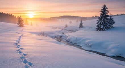 Footprints in the snow leading towards a misty winter landscape at sunrise