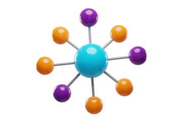 3d illustration of abstract molecular structure with blue, orange, and purple spheres isolated on transparent background