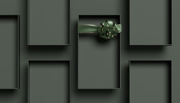 3D background gift box display for cosmetic product presentation. Present with gold ribbon. Green showcase flat lay. Christmas or birthday present Branding banner. 3D render, shopping mockup.	