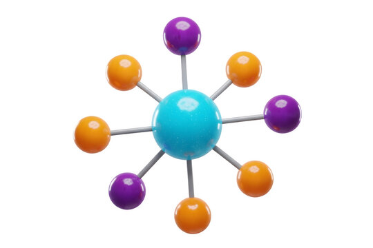 3d illustration of abstract molecular structure with blue, orange, and purple spheres isolated on transparent background