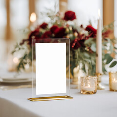Winter holiday table decor with blank acrylic sign mockup, golden candles, and red floral centerpiece