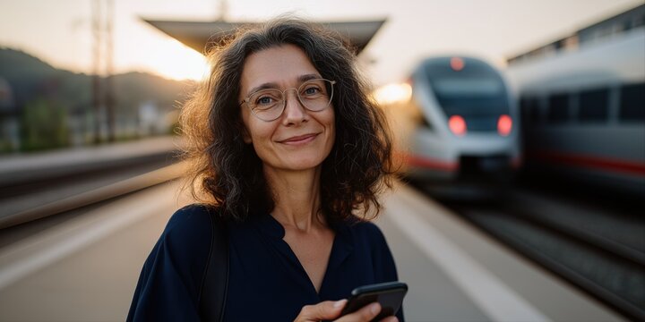 Mature caucasian female with glasses smiling at train station holding smartphone