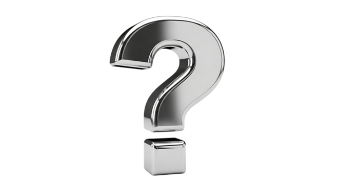 Shiny Silver 3D Question Mark Symbol, with reflective surface, isolated on white or transparent background, PNG